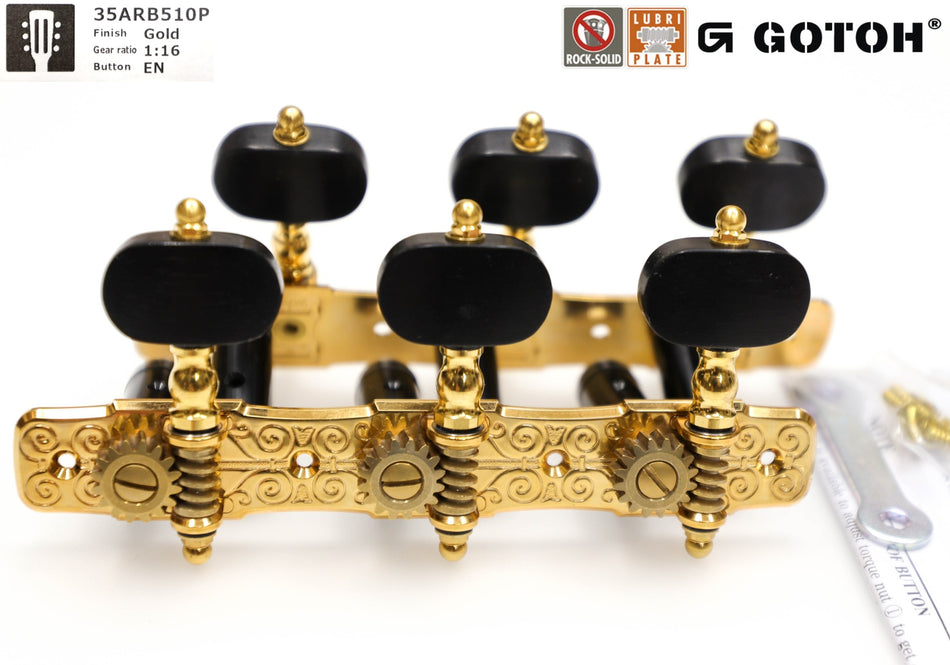 Gotoh 35ARB510P(G)EN Tuners with 10mm Black Aluminium Rollers for Acoustic Guitars (Gold, Ebony Knobs)