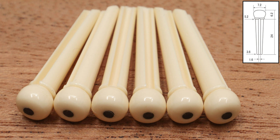 Bridge Pins, Plastic, set of 6 slotted, Cream with 3mm Black dot