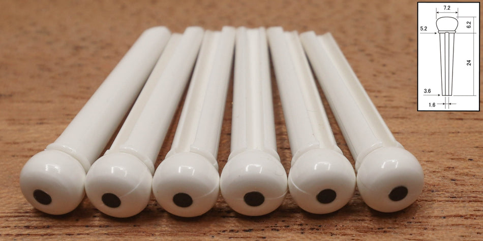 Bridge Pins, Plastic, set of 6 slotted, White with black dot
