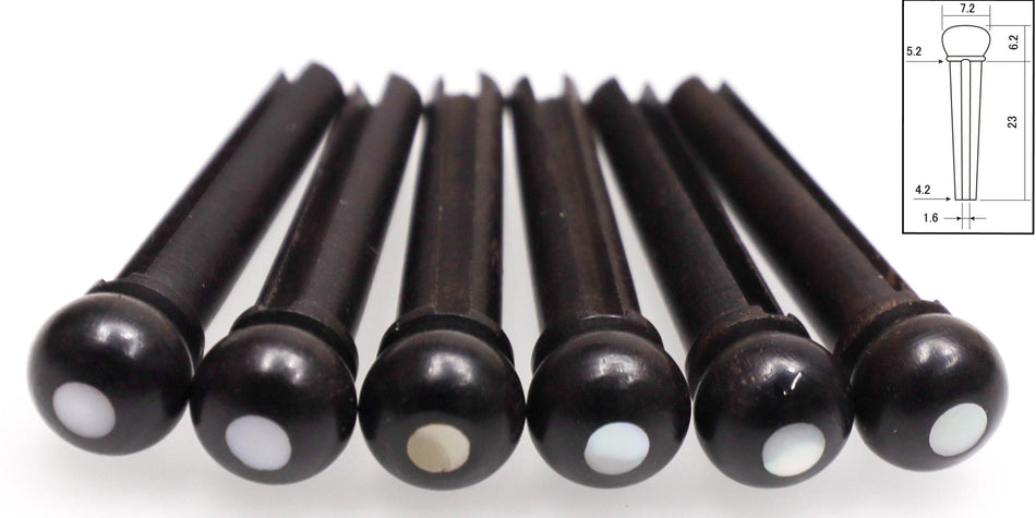 Bridge Pins, set of 6, Ebony with 3mm MoP dot, slotted