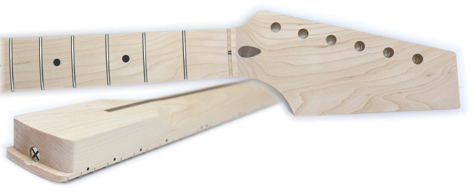 Shaped ST-type 1-piece Rock Maple Guitar Neck with Trussrod, sanded, inlaid, fretted (22 Fret)