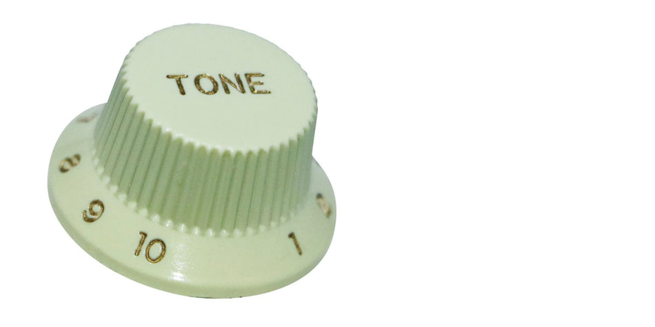 Knob for Fender-type Strat Guitars, Alpha (Volume or Tone) Mint with Gold Numbers