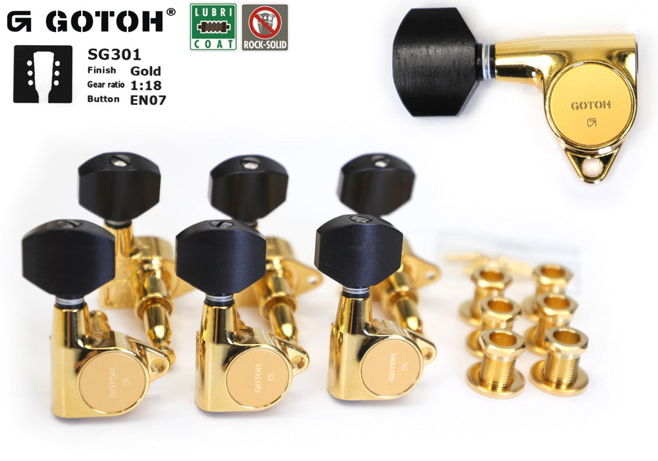 Gotoh SG301(G)EN07 Tuners with Standard Post, 3L+3R (Gold, Ebony Knobs)