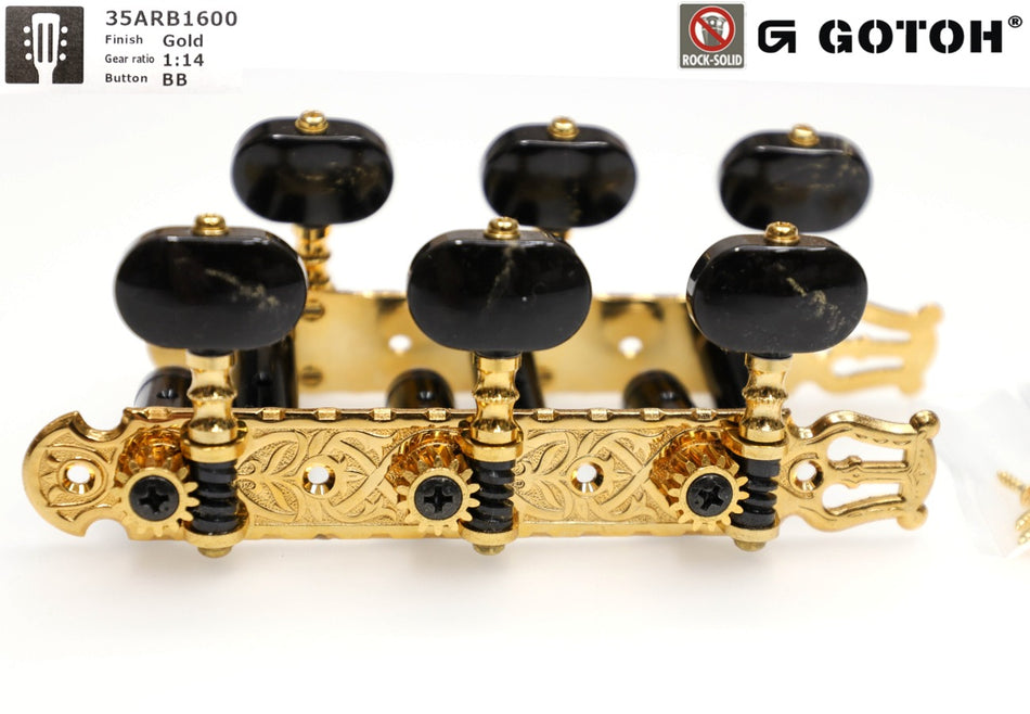 Gotoh 35ARB1600(G)BB Tuners with 10mm Black Aluminium Rollers for Acoustic Guitars (Gold)