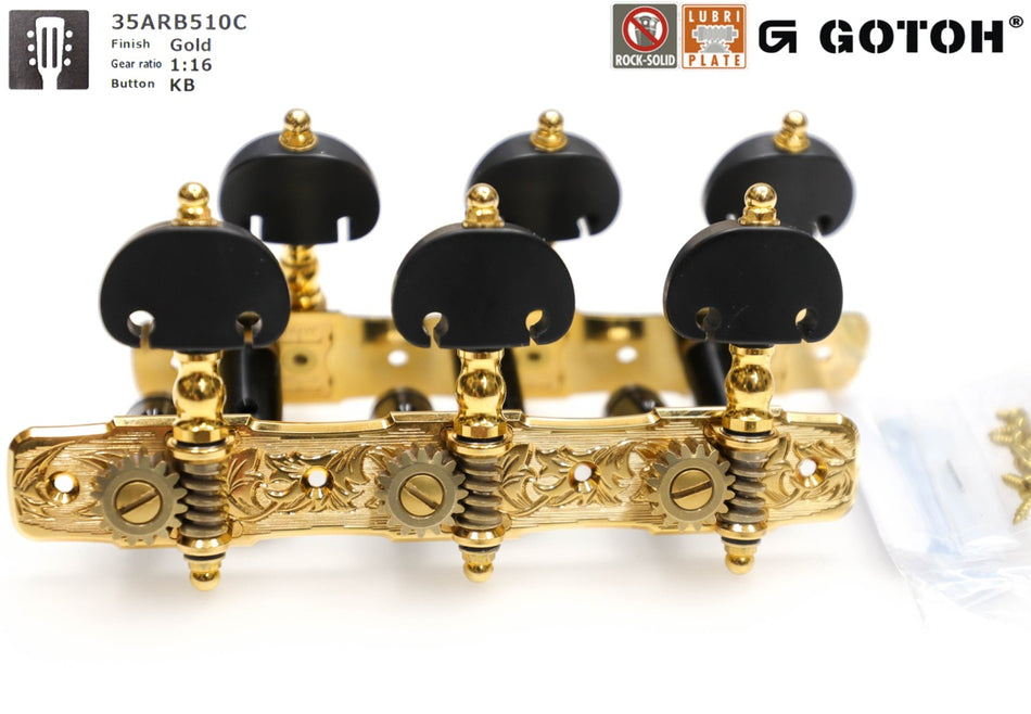 Gotoh 35ARB510C(G)KB Tuners with 10mm Black Aluminium Rollers for Acoustic Guitars (Gold)