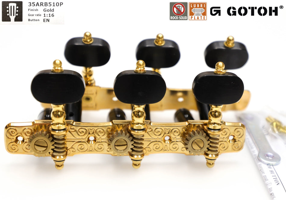 Gotoh 35ARB510P(G)EN Tuners with 10mm Black Aluminium Rollers for Acoustic Guitars (Gold)