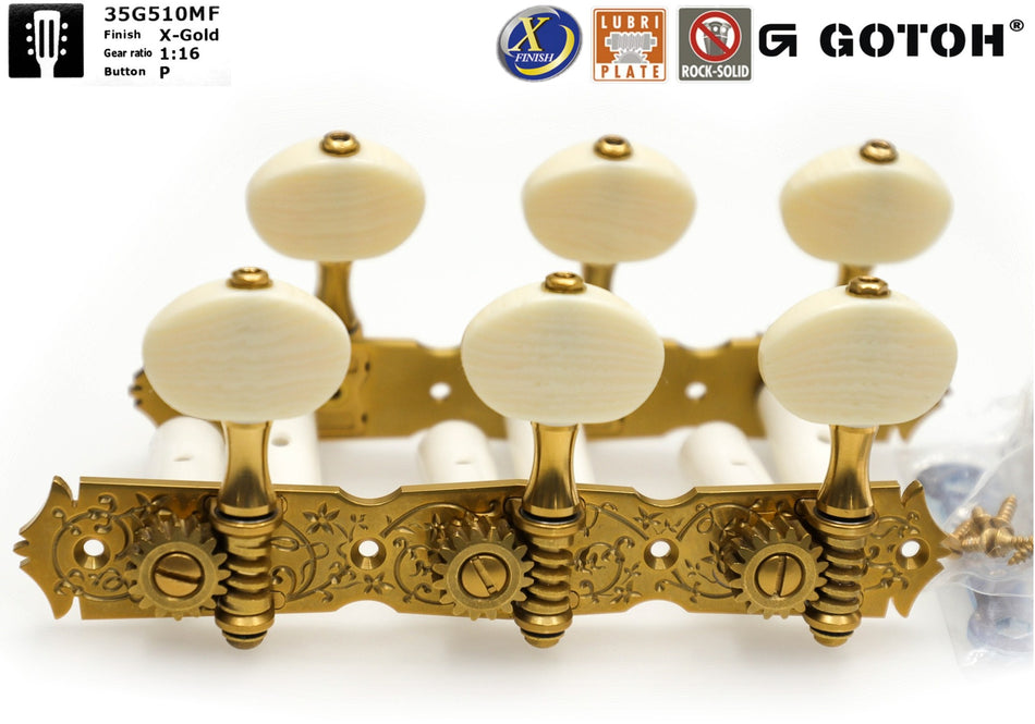 Gotoh 35G510MF(xG)P Tuners with X-Finish & 10mm Plastic Rollers for Acoustic Guitars (xGold)