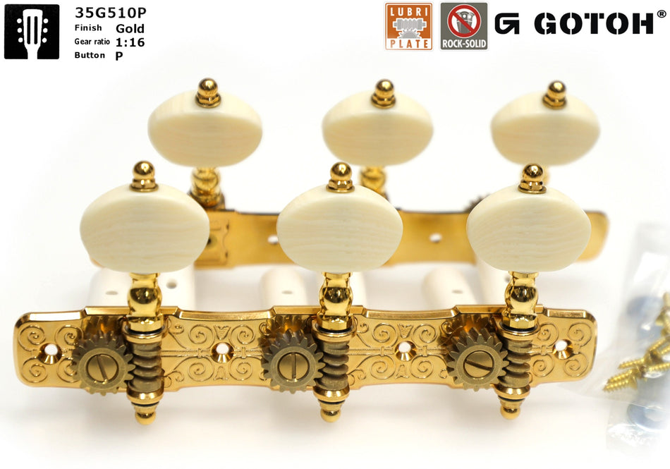 Gotoh 35G510P(G)P Tuners with 10mm Plastic Rollers for Acoustic Guitars (Gold)