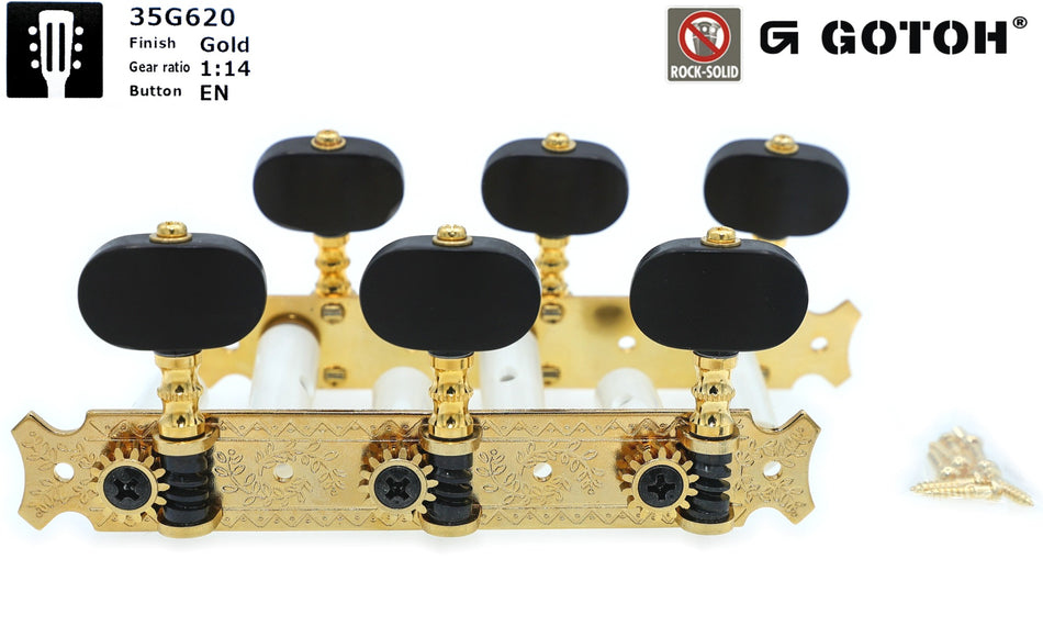 Gotoh 35G620(G)EN Tuners with 10mm Plastic Rollers for Acoustic Guitars (Gold, Ebony knobs)
