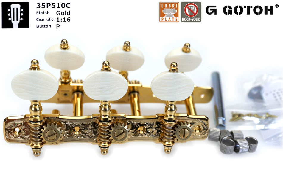 Gotoh 35P510C(G)P Tuners with 6mm Metal Rollers for Acoustic Guitars (Gold)