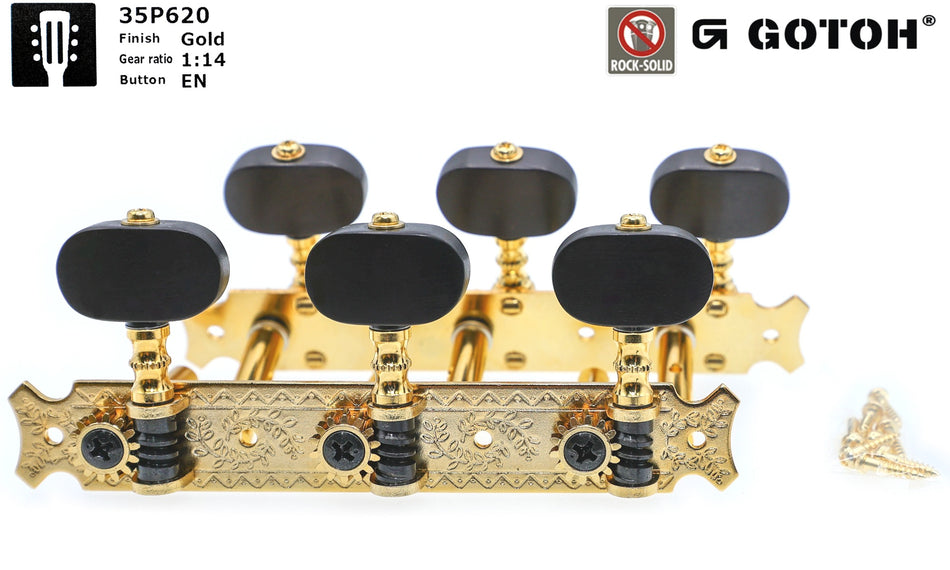 Gotoh 35P620(G)EN Tuners with 6mm Metal Rollers for Acoustic Guitars ( (Gold, Ebony knobs)