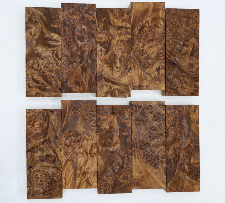 Torrefied Maple Burl Knife Scales, 10 pieces, 1" x 2" x 5" each (PREMIUM FIGURE) - Stock# 6-3076