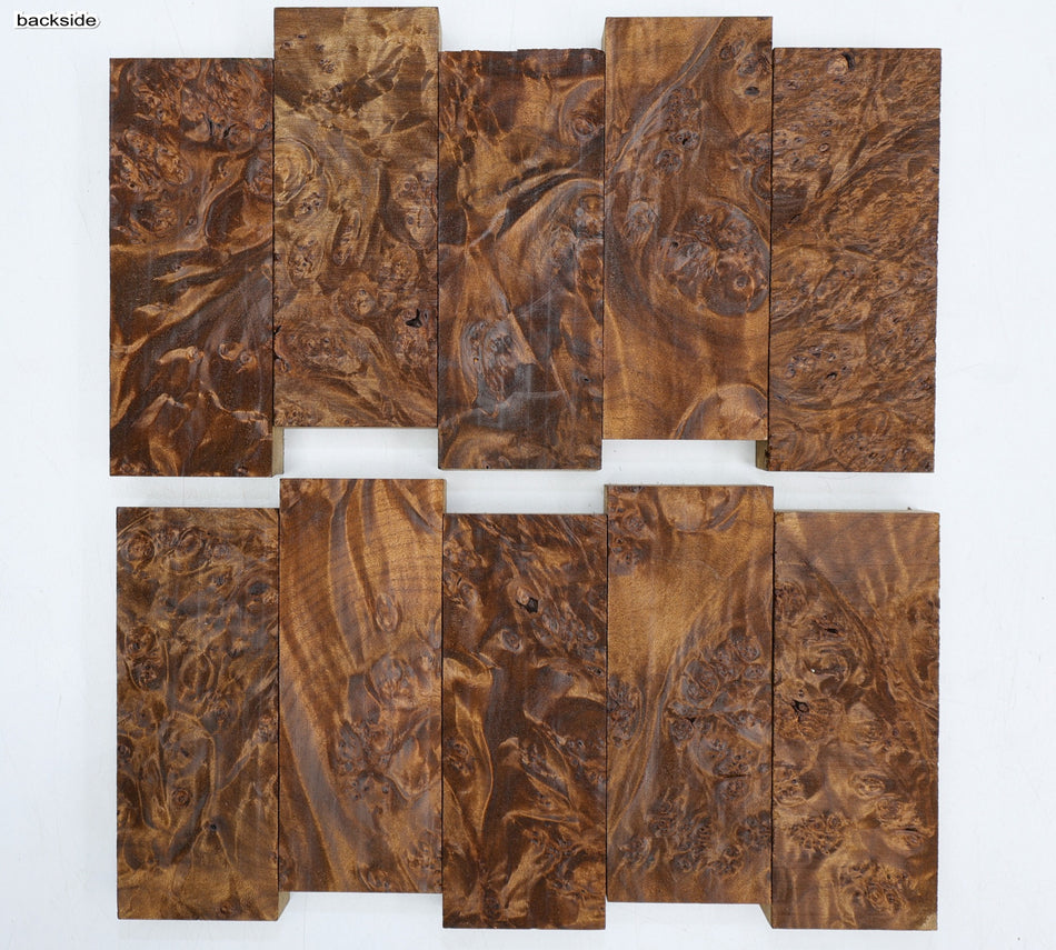 Torrefied Maple Burl Knife Scales, 10 pieces, 1" x 2" x 5" each (PREMIUM FIGURE) - Stock# 6-3076