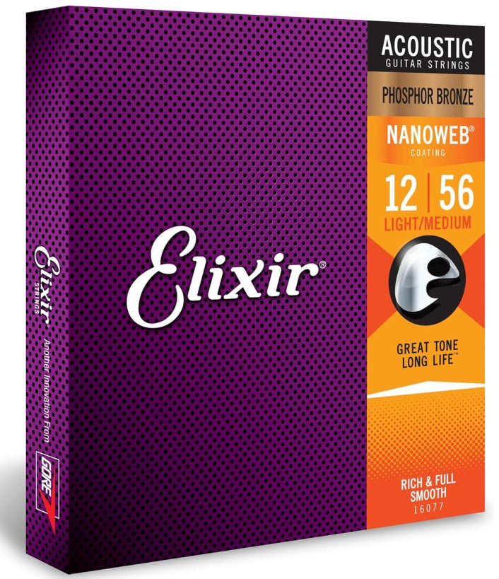 Elixir Acoustic Guitar Strings, Phosphor Bronze Nanoweb Coated, Light-Medium 16077 (12-56)