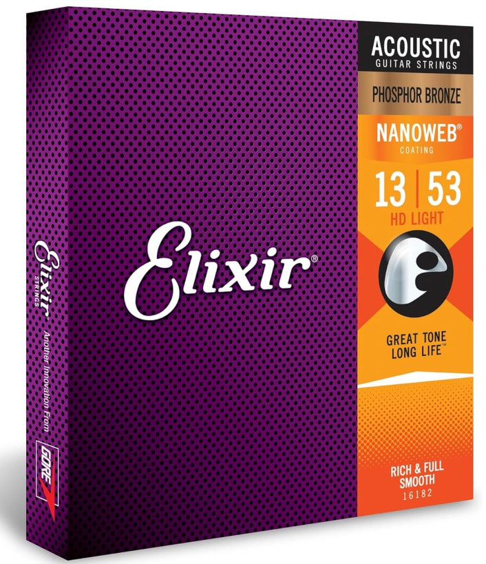 Elixir Acoustic Guitar Strings, Phosphor Bronze Nanoweb Coated, HD Light 16182 (13-53)