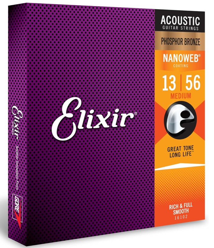 Elixir Acoustic Guitar Strings, Phosphor Bronze Nanoweb Coated, Medium 16102 (13-56)