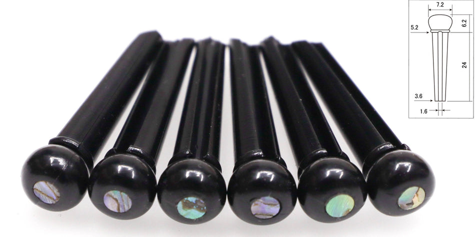 Bridge Pins, Plastic, set of 6 slotted, Black with 3mm Abalone dot