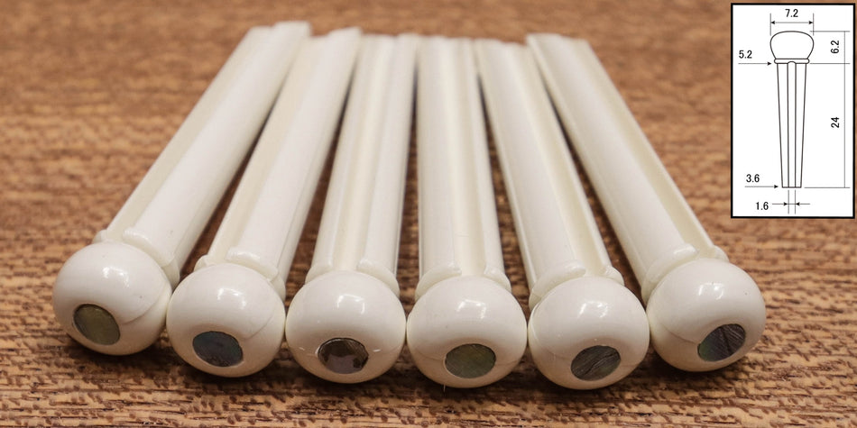 Bridge Pins, Plastic, set of 6 slotted, White with 3mm Abalone dot