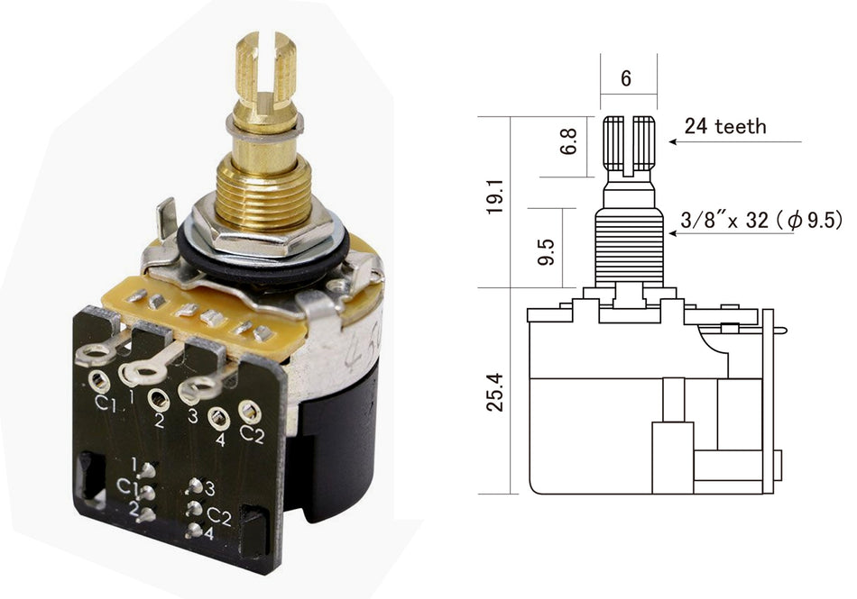 Push/Pull DPDT Control Potentiometer, 250K Linear Taper (inch)