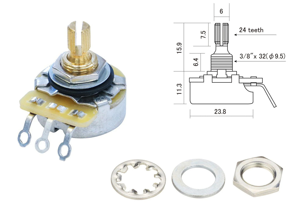 CTS Control Potentiometer, 250K Audio Taper, Short Shaft (inch)
