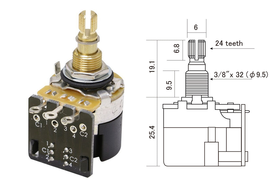 Push/Pull DPDT Control Potentiometer, 500K Audio Taper (inch)