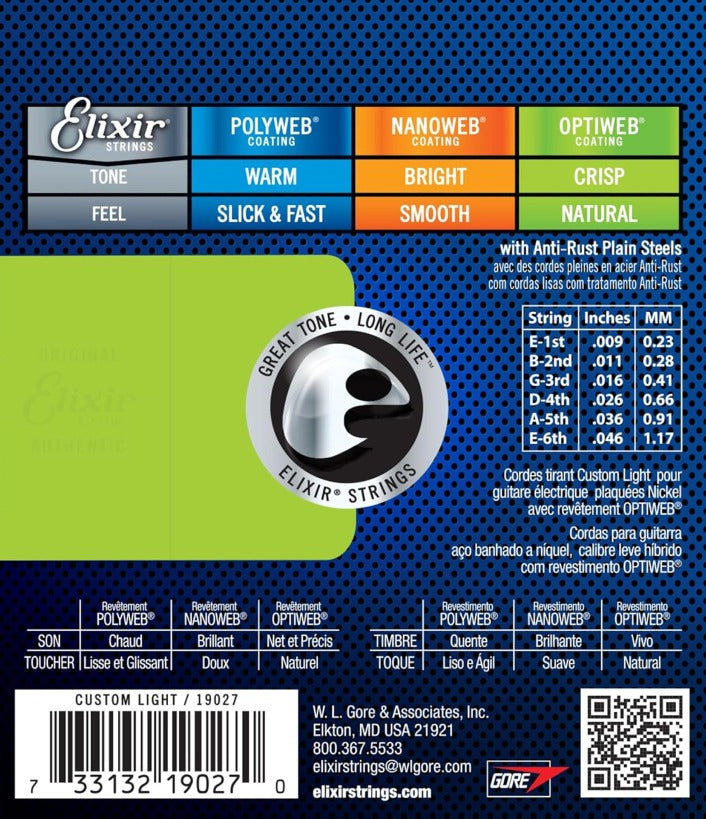 Elixir Electric Guitar Strings, Nickel Plated Steel, Optiweb Coated, Custom Light 19027 (9-46)