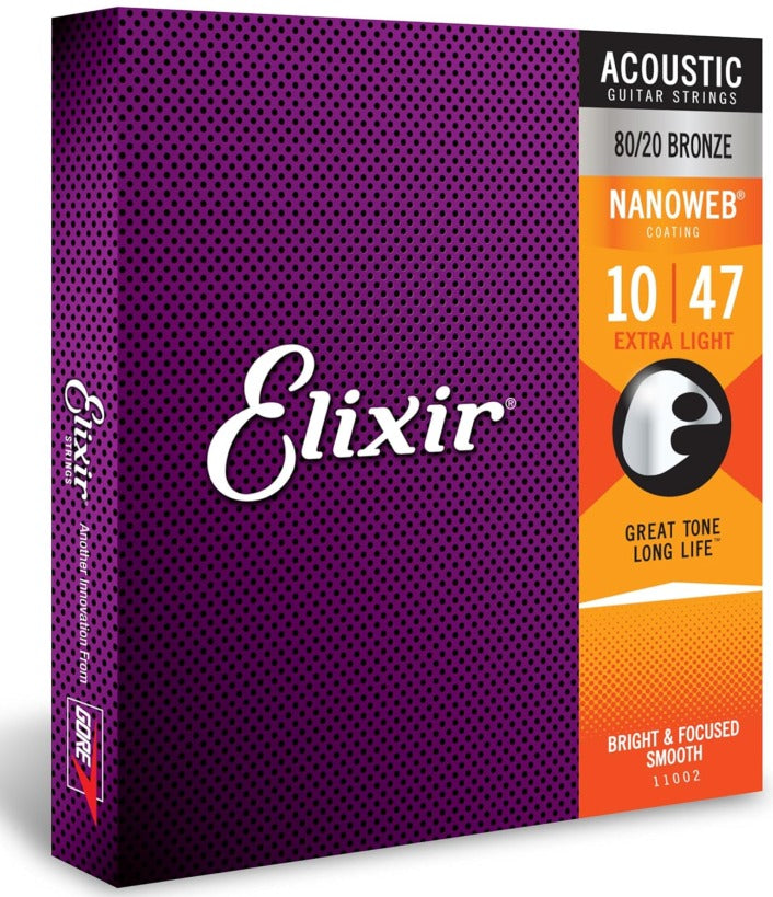 Elixir Acoustic Guitar Strings, 80/20 Bronze Nanoweb Coated, Extra Light 11002 (10-47)