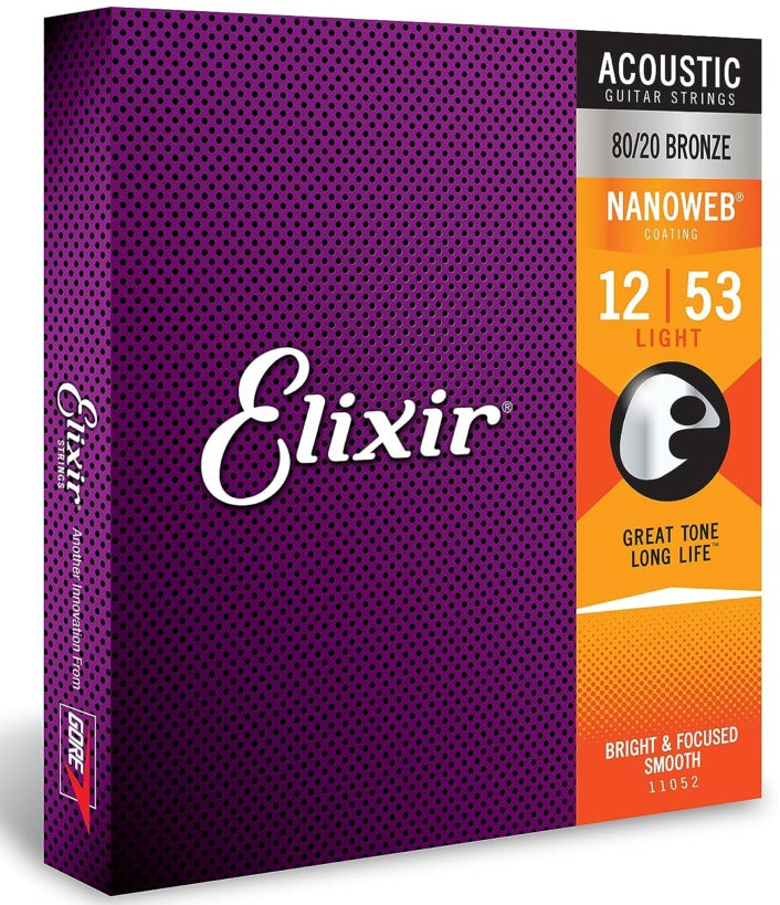 Elixir Acoustic Guitar Strings, 80/20 Bronze Nanoweb Coated, Light 11052 (12-53)