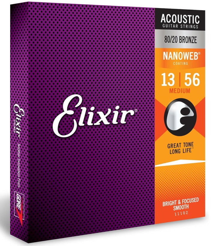 Elixir Acoustic Guitar Strings, 80/20 Bronze Nanoweb Coated, Medium 11102 (13-56)