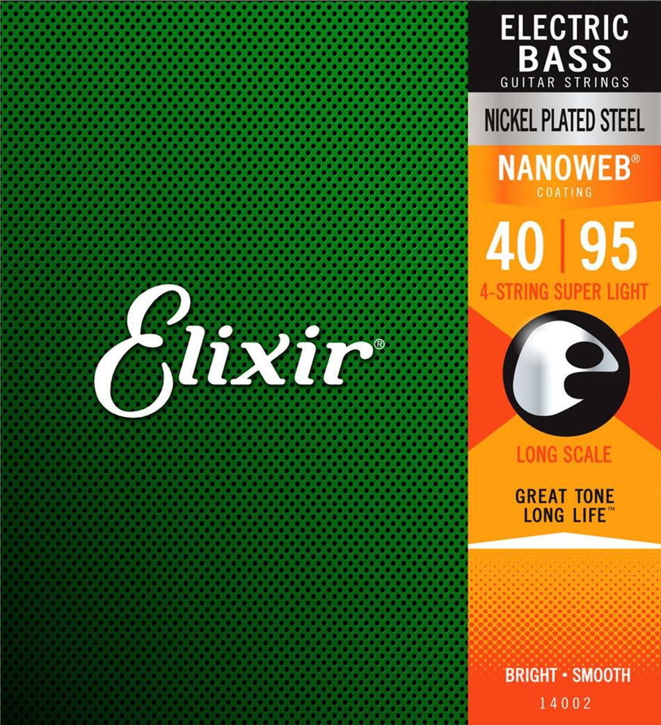 Elixir Electric Bass Guitar Strings, Nickel Plated Steel, Nanoweb Coated, 4-String Super Light 14002 (40-95)