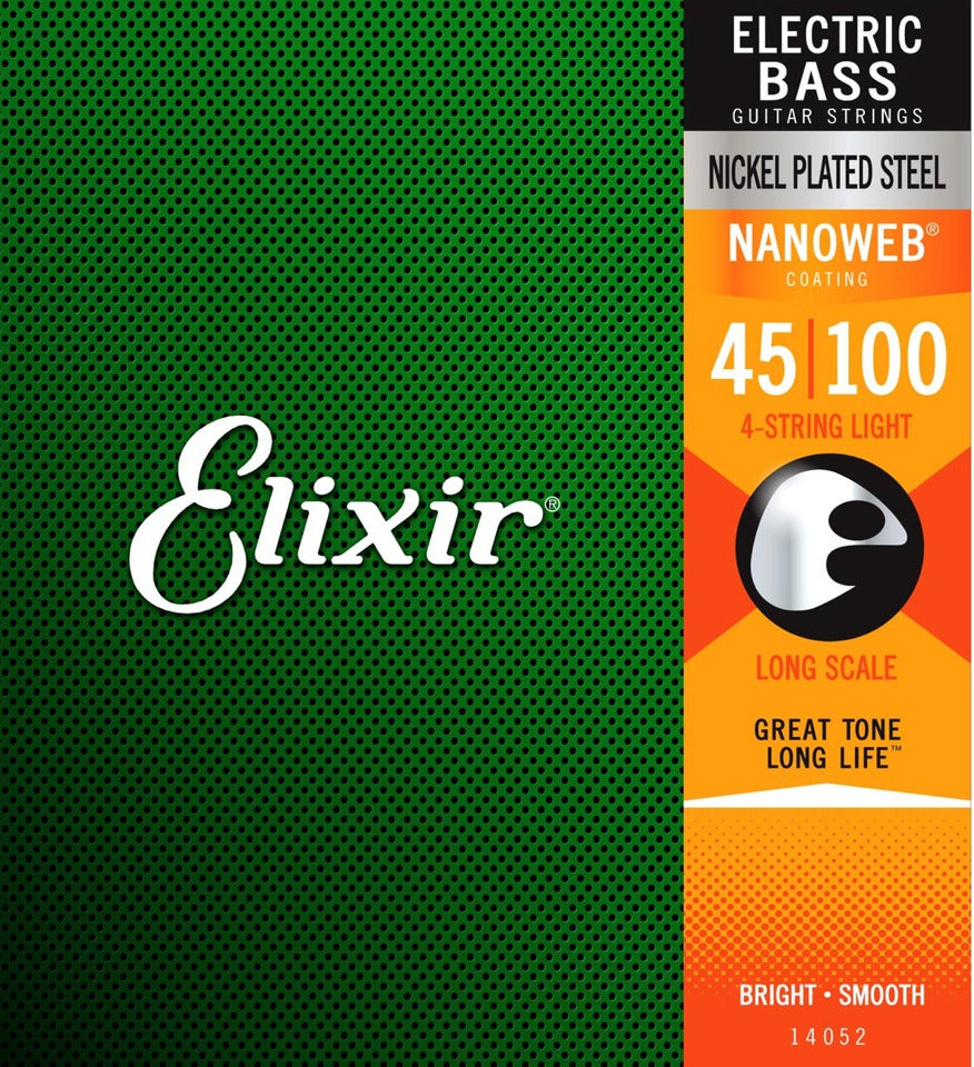 Elixir Electric Bass Guitar Strings, Nickel Plated Steel, Nanoweb Coated, 4-String Light 14052 (45-100)