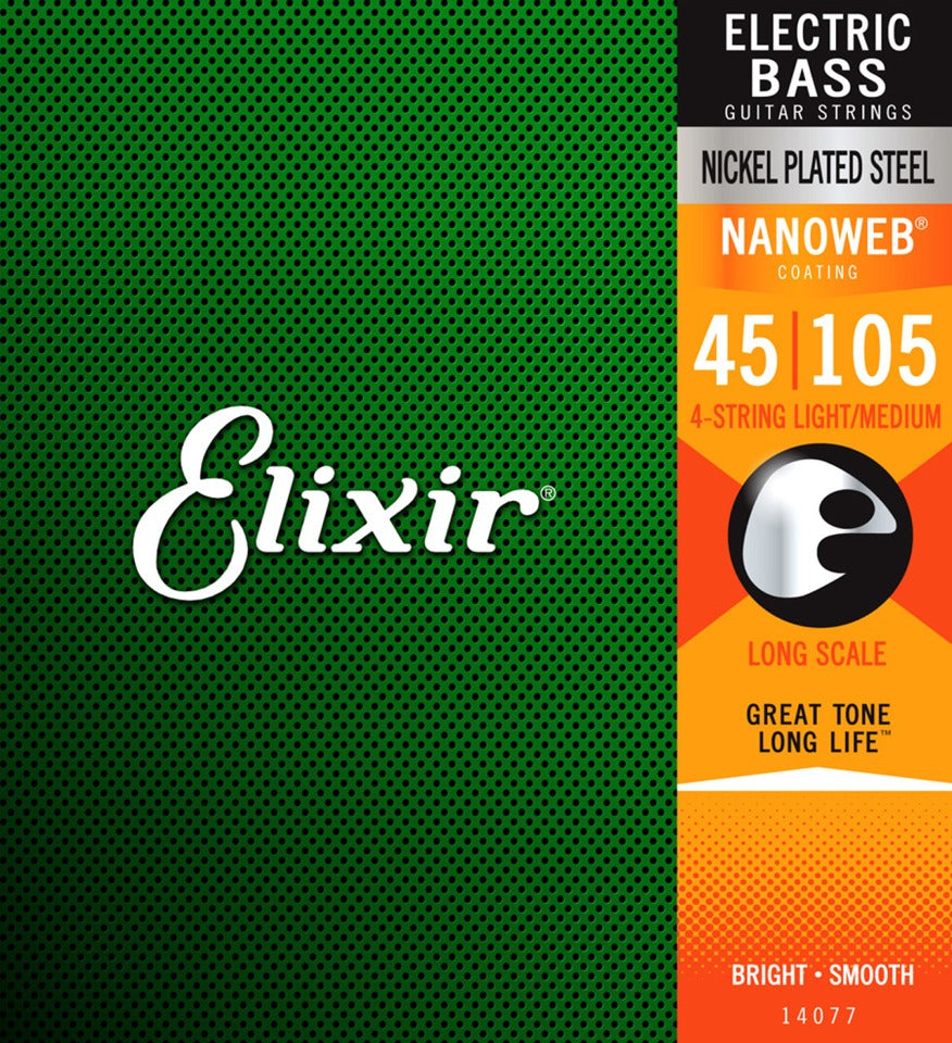 Elixir Electric Bass Guitar Strings, Nickel Plated Steel, Nanoweb Coated, 4-String Medium 14077 (45-105)