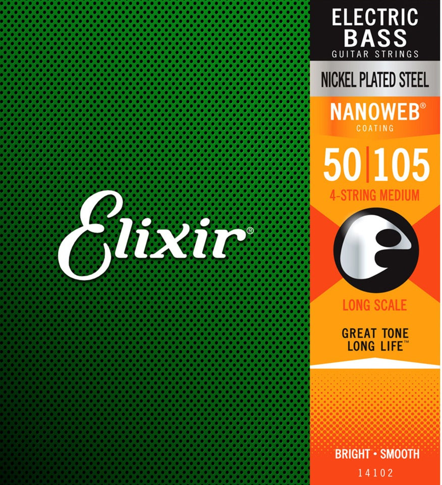 Elixir Electric Bass Guitar Strings, Nickel Plated Steel, Nanoweb Coated, 4-String Medium Long Scale 14077 (50-105)