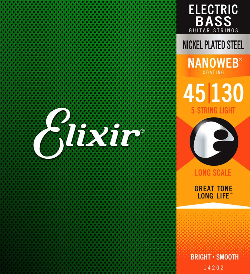 Elixir Electric Bass Guitar Strings, Nickel Plated Steel, Nanoweb Coated, 5-String Light 14202 (45-130)