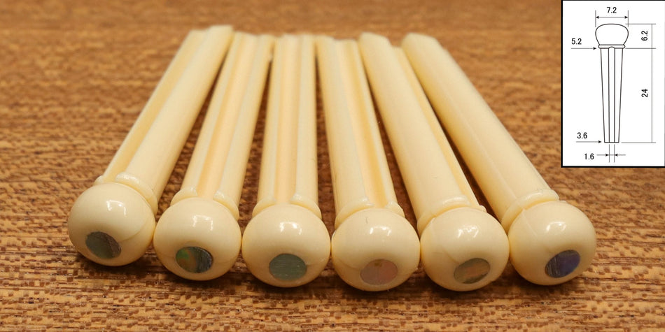 Bridge Pins, Plastic, set of 6 slotted, Cream with 3mm Abalone dot