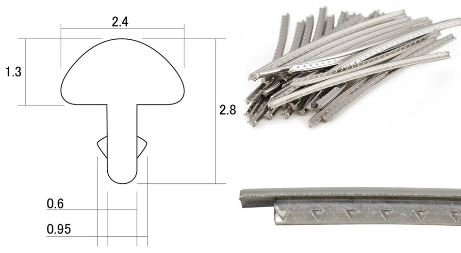 Fretwire, Medium Nickel Silver (1.3x2.4mm, 0.6 tang), pre-cut 24 pack
