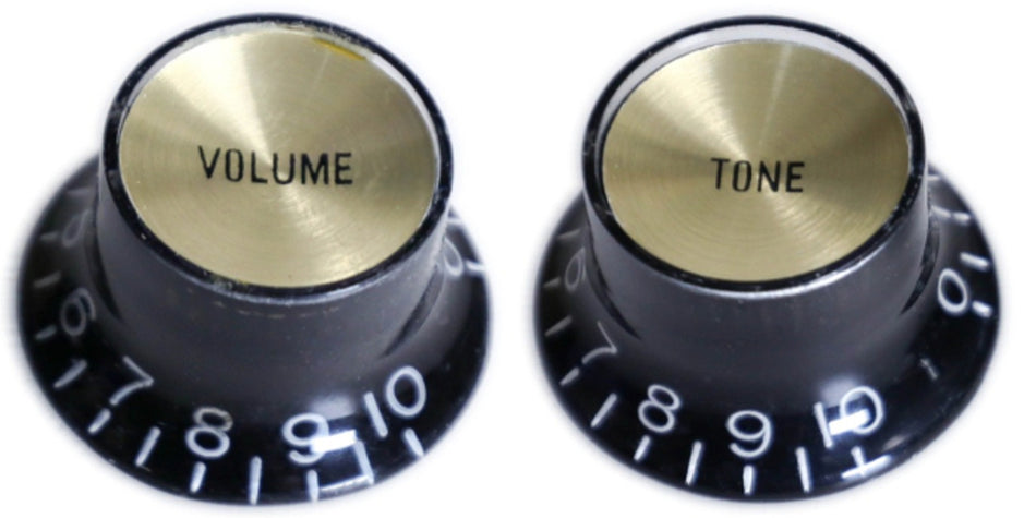 Top Hat Bell Knob for Gibson-type Guitars, Alpha (Volume or Tone) Black with Gold Reflector