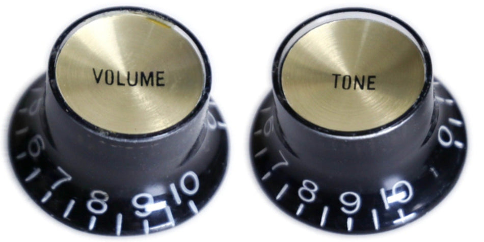 Top Hat Bell Knob for Gibson-type Guitars, CTS (Volume or Tone) Black with Gold Reflector