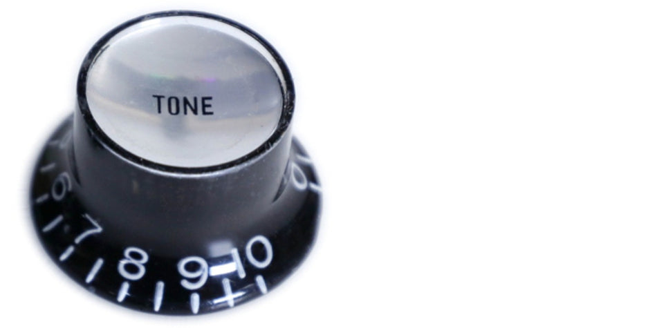 Top Hat Bell Knob for Gibson-type Guitars, Alpha (Volume or Tone) Black with Silver Reflector
