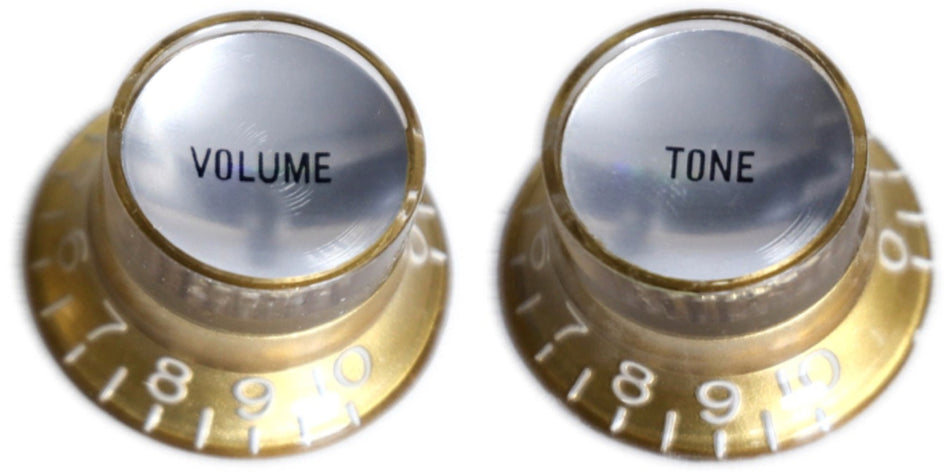 Top Hat Bell Knob for Gibson-type Guitars, Alpha (Volume or Tone) Gold with Silver Reflector