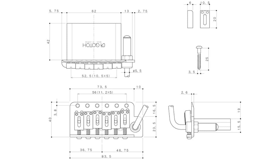 Gotoh NS510-FE2 Tremolo Bridge, Narrow Space with 6 point mounting (choose finish)