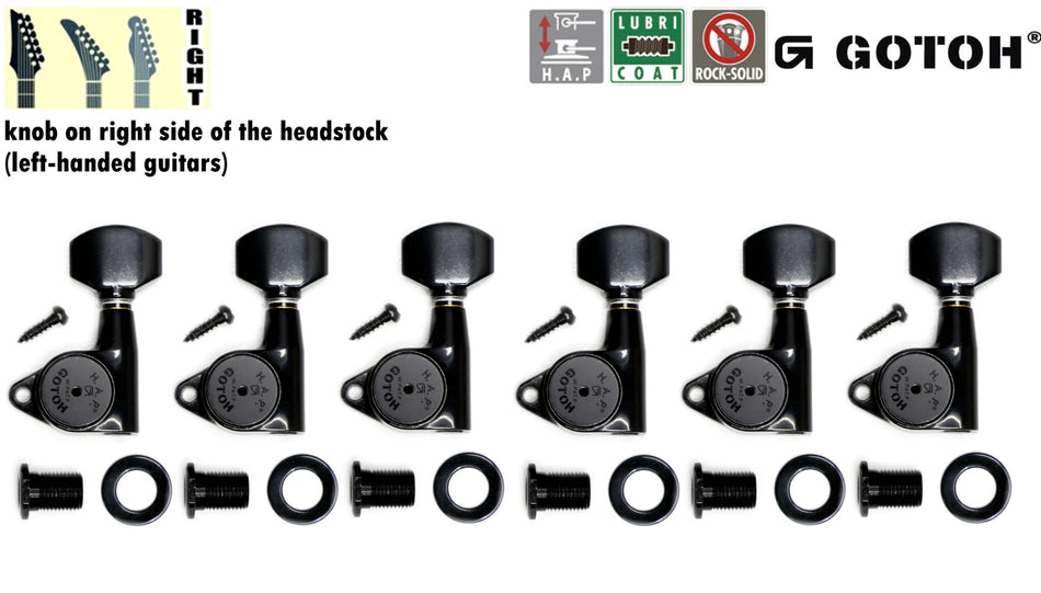 Gotoh SG301(B)07 H.A.P. Tuners with Standard Adjustable Post, from 19 to 25mm, 6 Right* for Left-Hand (Black)