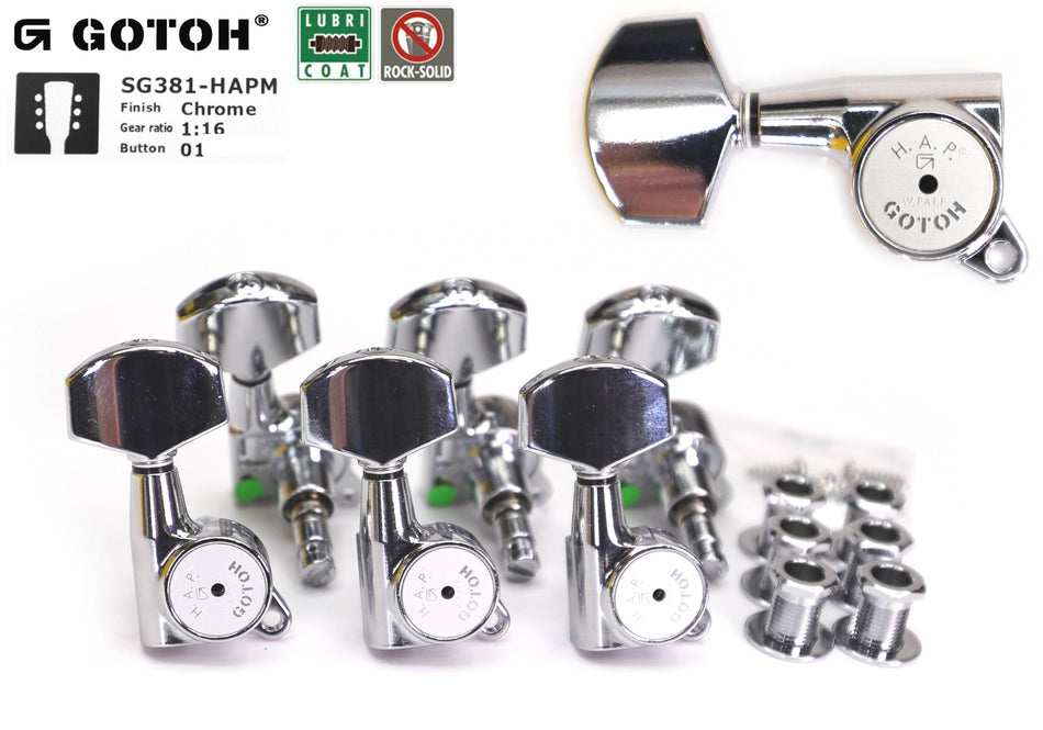 Gotoh SG381(C)01 H.A.P.M Guitar Tuners with Adjustable Locking Post, 3L+3R (Chrome)