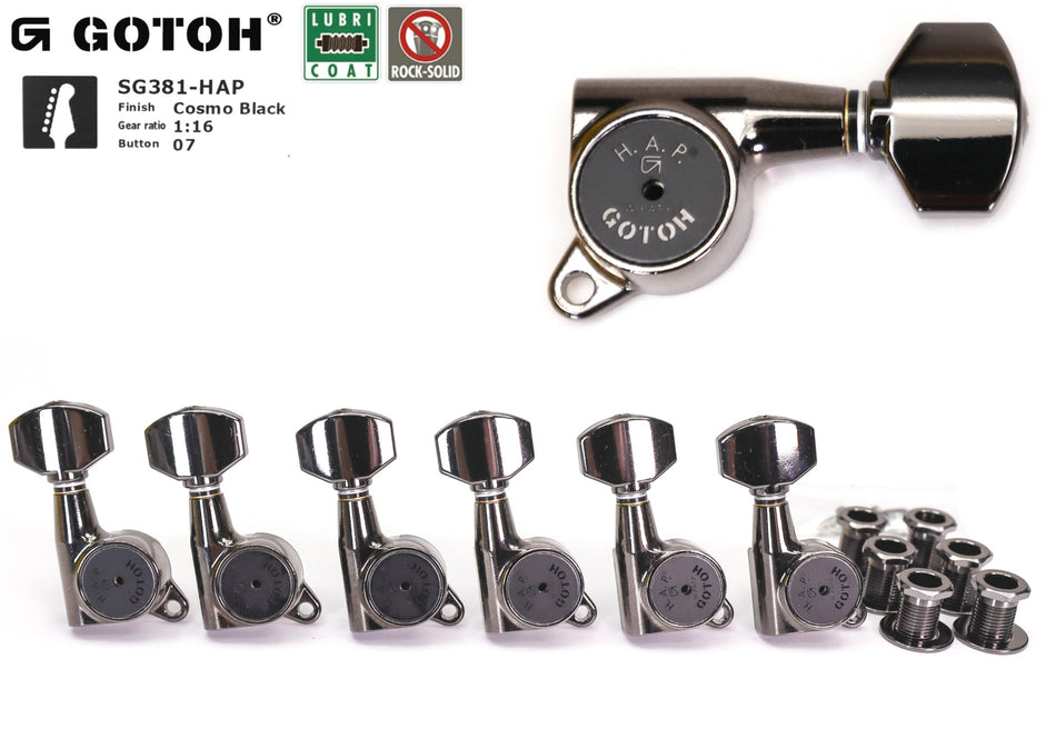 Gotoh SG381(CK)07 H.A.P. Guitar Tuners with Adjustable Post, 6-Left (Cosmo Black)