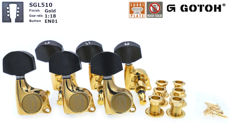 Gotoh SGL510(G)EN01 Tuners with Standard Post, 3L+3R (Gold, Ebony Knobs)