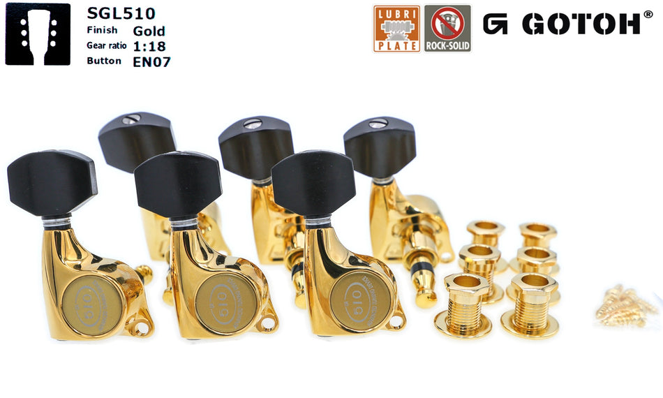 Gotoh SGL510(G)EN07 Tuners with Standard Post, 3L+3R (Gold, Ebony Knobs)
