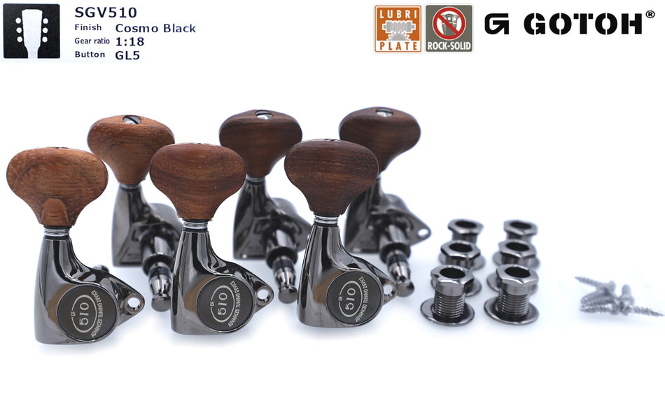 Gotoh SGV510(CK)GL5 Tuners with Standard Post, 3L+3R (Cosmo Black, Granadillo Knobs)